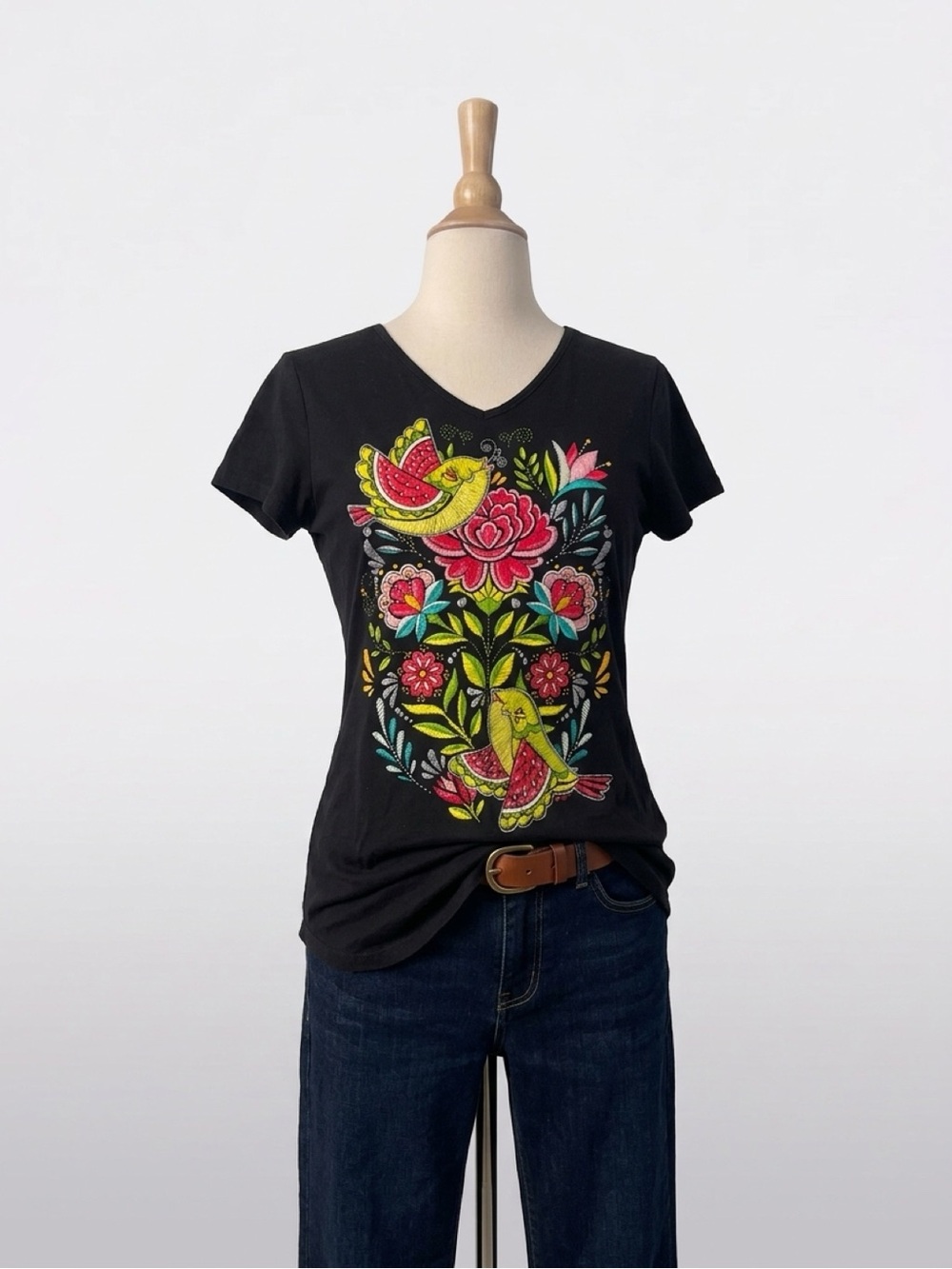 Ay Güey Black Floral & Bird Graphic Tunic Top – XL